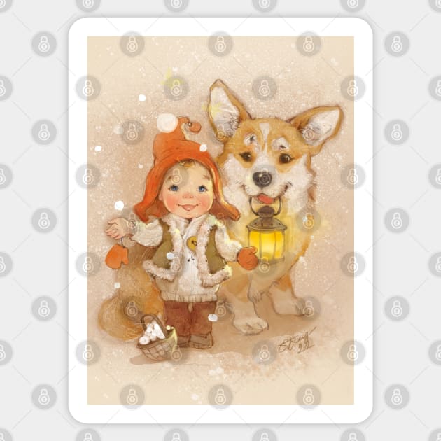 Gnome and corgi. Merry christmas. Sticker by kbabok